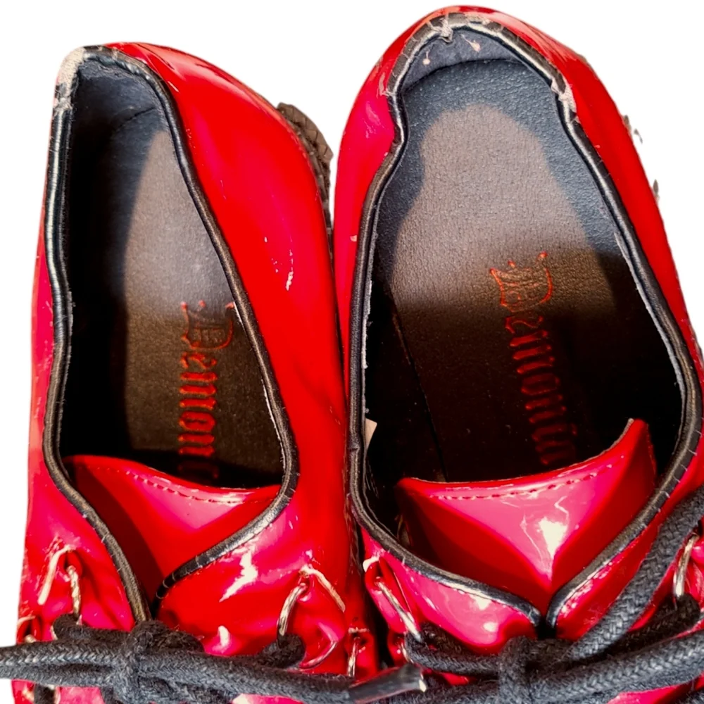 Demonia 108 Red Faux Leather Sheer Heart Studded Lace Up Creepers Women's Size 8